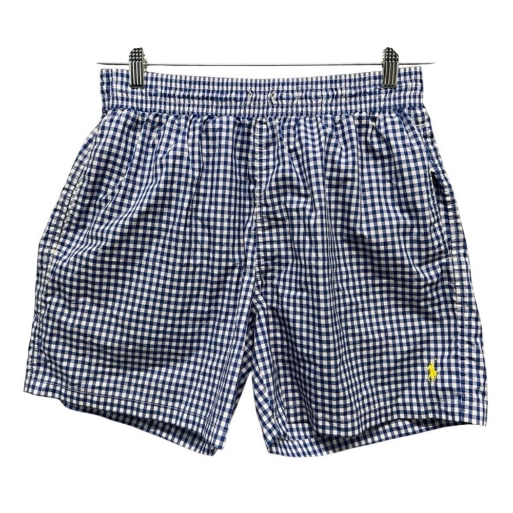 Polo Ralph Lauren Men Blue White Gingham Swim Trunks Large Mesh Lined 5.5 Inseam